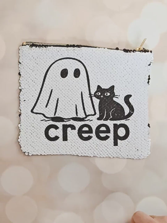 Bad Witch Cat & Broom Halloween Sequin Pouch – Black Flip to White Makeup Bag, Witchy Zipper Pouch